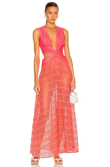 patbo hydra cross front beach dress Plunge Crochet in Neon Coral feminine silhouette
