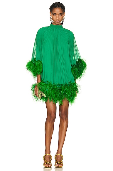 PatBO Pleated Feather Trim Mini Dress in Emerald