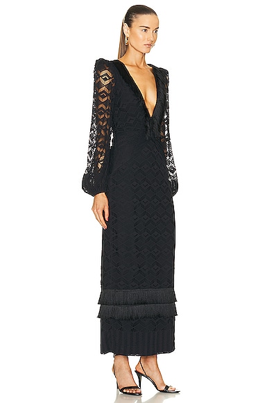 Shop Patbo Crochet Plunge Fringe Trim Maxi Dress In Black