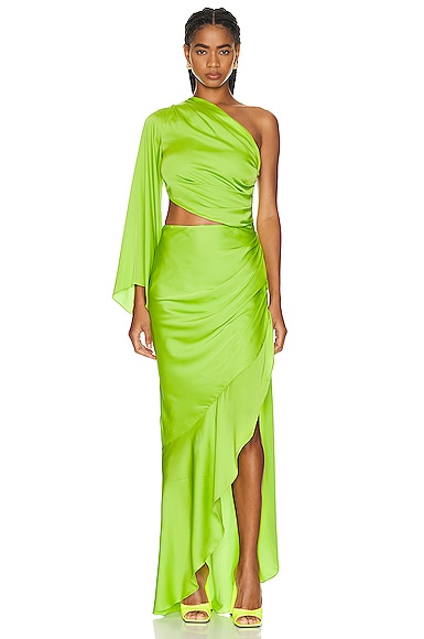 PatBO One Shoulder Draped Maxi Dress in Lime