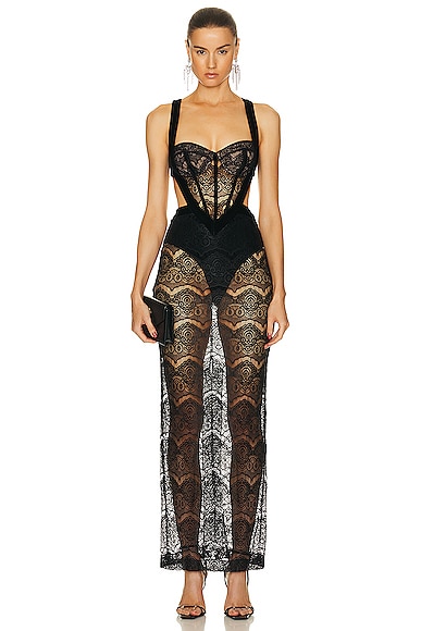 PatBO Lace Bustier Maxi Dress in Black