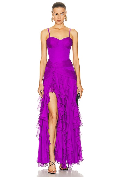 Bustier Ruffle Maxi Dress in Purple