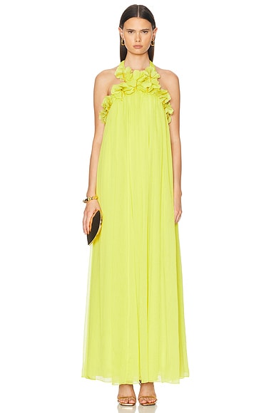 PatBO Hand-Embroidered 3D Flower Gown in Acid Yellow