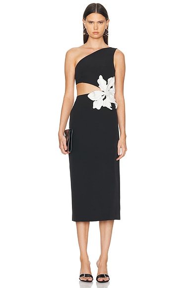 PatBO Flower Applique Midi Dress in Black