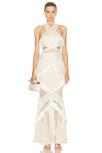 Fringe Trim Halterneck Maxi Dress