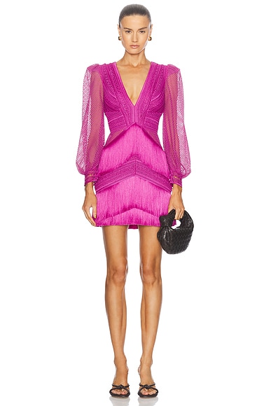 PatBO Long Sleeve Fringe Mini Dress in Cerise