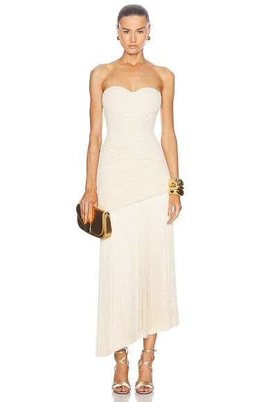 Jacquard Strapless Fringe Maxi Dress in Bone