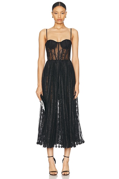 PatBO Lurex Tulle Bustier Midi Dress in Black