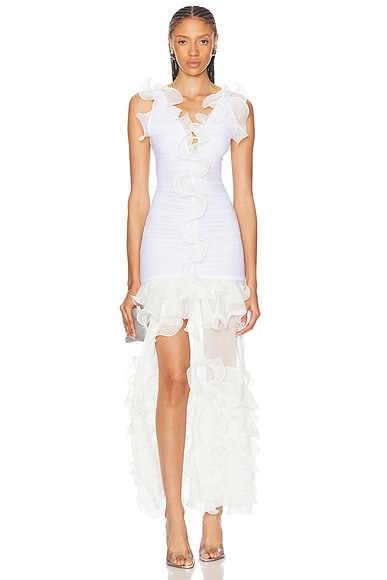 PatBO Stretch Tulle Maxi Dress in White