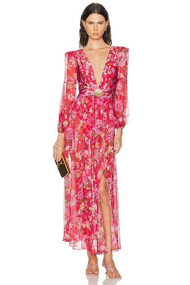PatBO Peony Print Plunge Maxi Dress in Red