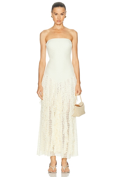 PatBO Ayla Fringe Strapless Maxi Dress in Off White