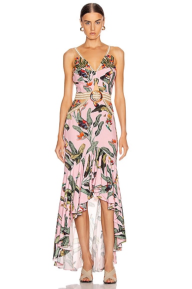 Embroidered Tropical Print Belted Midi Dress
