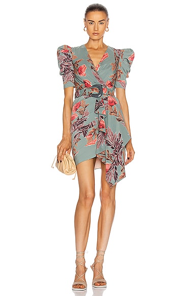 Patbo Belted Wrap-effect Pleated Floral-print Crepe Mini Dress In Dusty Blue