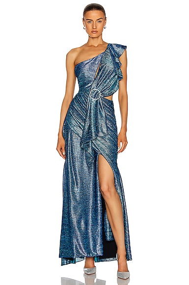 PatBO Metallic One Shoulder Maxi Dress in Blue | FWRD