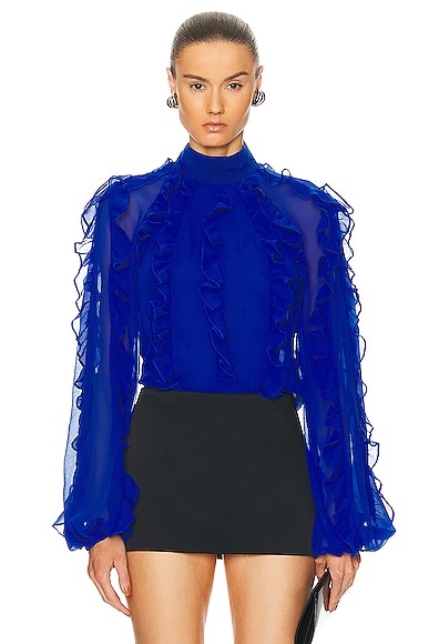 Ruffle High Neck Blouse in Blue