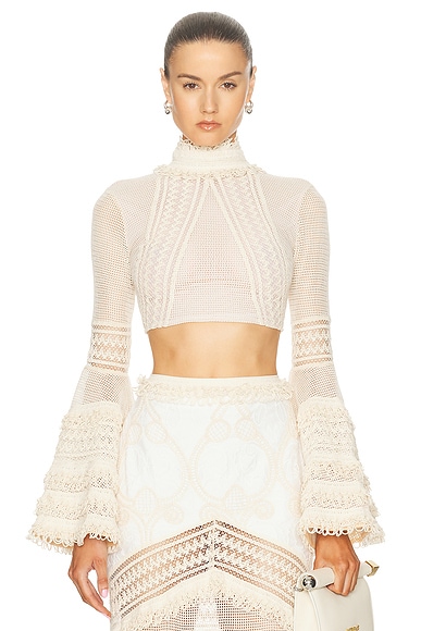 Woven Bell Sleeve Cropped Top