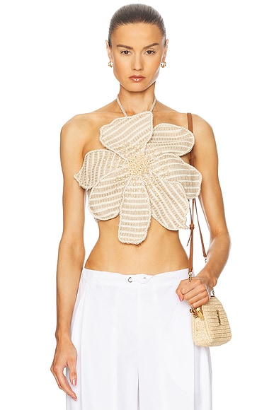 PatBO Candy Linen Hand-Beaded Flower Top in Natural