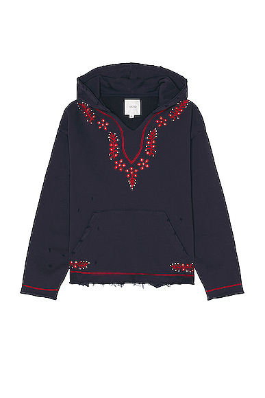 Paisley Embroidered Hoodie in Navy