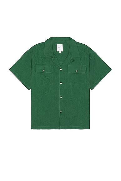Textured Linen Short Sleeve Camp Shirt in Green