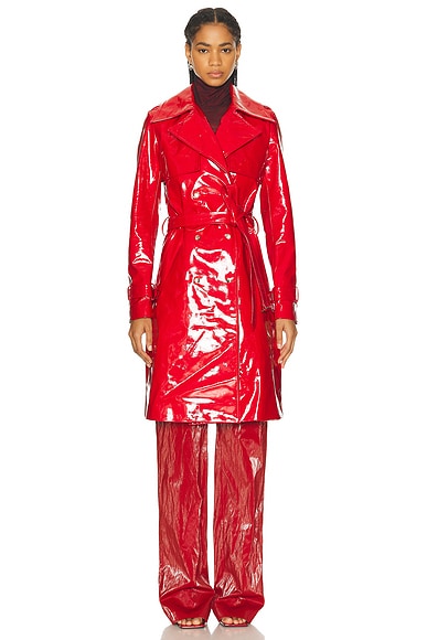 PRISCAVera Patent Leather Trench Coat in Scarlet