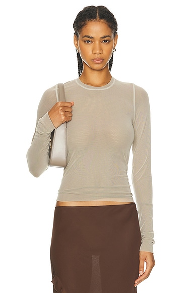 PRISCAVera Long Sleeve Mesh Top in Beige & Brown