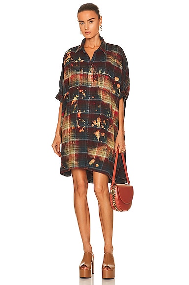 R13 Bleached Plaid Oversize Boxy Shirt Dress in Green