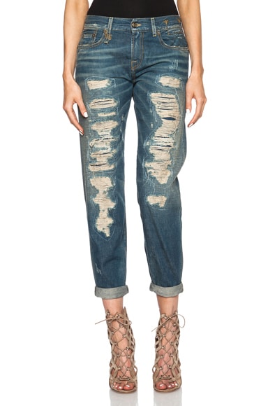 R13 Super Destroyed Relaxed Skinny Jean in Selvage Blue Shredded | FWRD