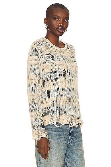 Shop R13 Overlay Distressed Relaxed Crewneck In Cream On Black & Beige Plaid