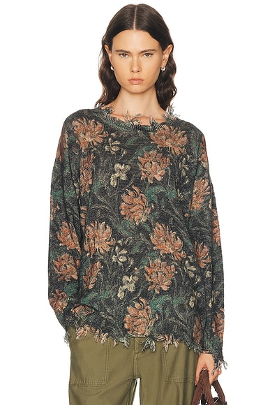 R13 Distressed Edge Crewneck Sweater in Pink, Green, Black, & Vine Floral