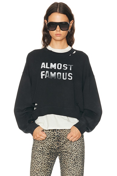 R13 Almost Famous Cropped Crewneck Sweatshirt in Black