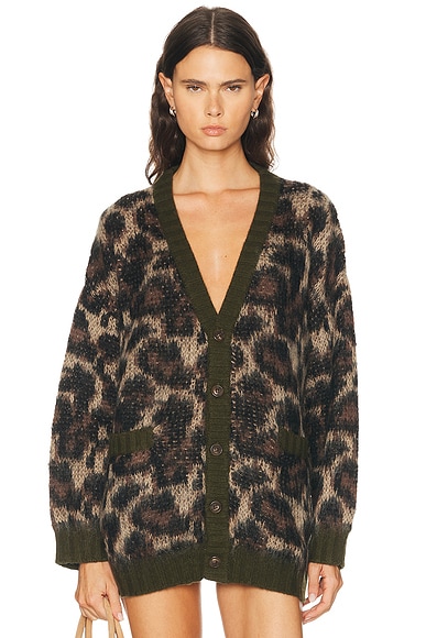 R13 Oversized Cardigan in Brown Leopard Mohair