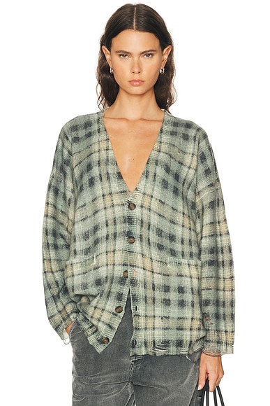 R13 Printed Oversized Cardigan in Grey & Black Plaid