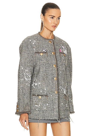 R13 Paint Splatter Oversize Tweed Jacket in Grey | Smart Closet