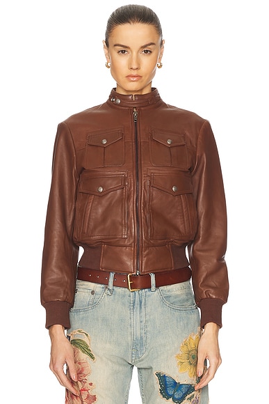 R13 Shrunken Zip-Up Leather Jacket in Brown