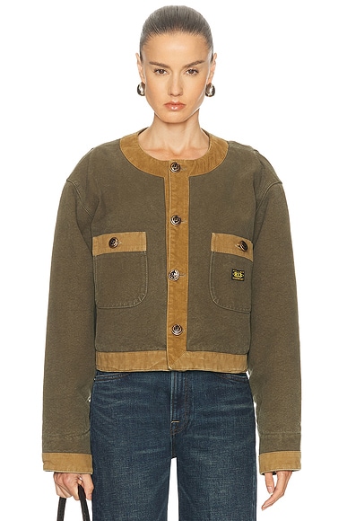 R13 Cord Trimmed Cropped Chore Jacket in Dusky Olive Canvas Green