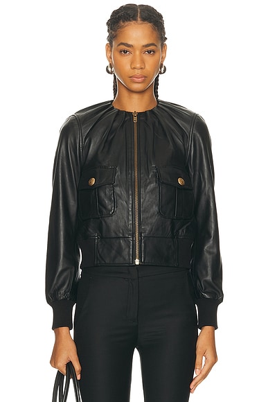 R13 Pleated Neck Leather Jacket in Black
