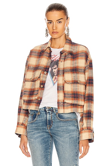 R13 Oversized Cropped Shirt In Beige Plaid | ModeSens