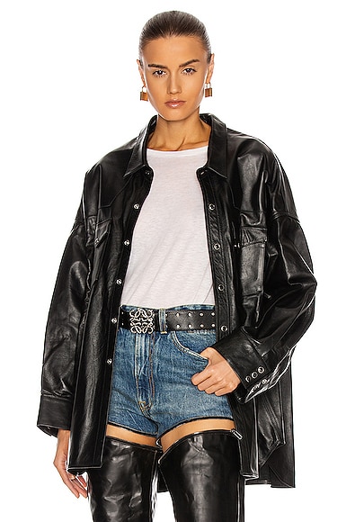 R13 Leather Oversized Cowboy Shirt in Thin Black