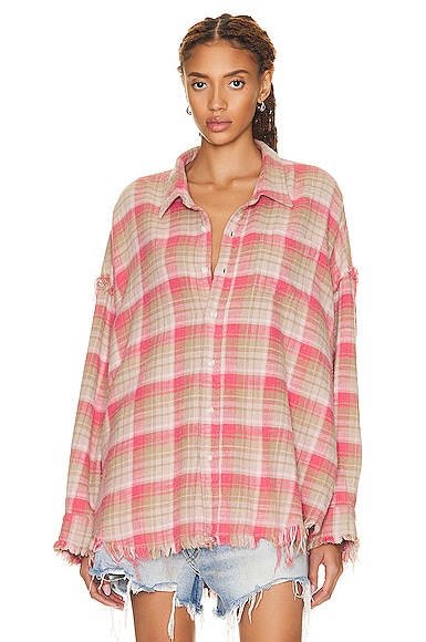 R13 Shredded Seam Drop Neck Shirt in OVERDYED LT PINK PLAID | FWRD