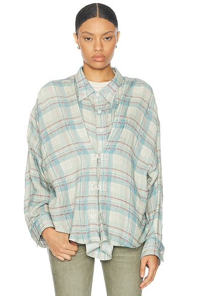 R13 Double Front Top in Cream & Light Blue Plaid