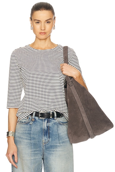 R13 Elbow Sleeve Stripe Tee in Navy & Ecru Narrow Stripe