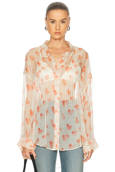 R13 Pintuck Drop Neck Shirt in Red Hearts On Cream