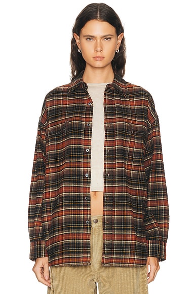 R13 Boyfriend Shirt in Brown & Dark Grey Plaid