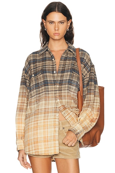 R13 Boyfriend Shirt in Dip Bleach Light Blue & Yellow Plaid