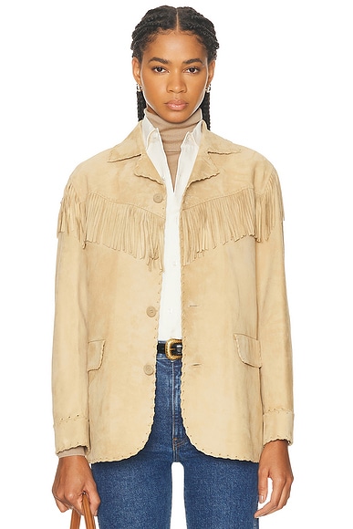 Ralph Lauren Collection Ryland Fringe-Trim Lamb-Suede Jacket in Tan