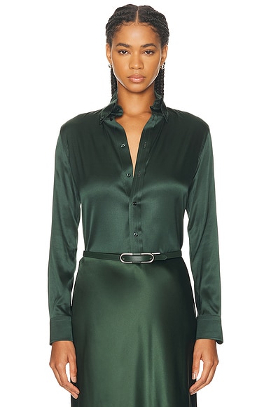 Ralph Lauren Collection Cameron Straight Fit Silk Shirt in Dark Racing Green