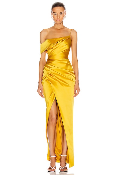 RASARIO Asymmetric Draped Gown in Yellow | FWRD