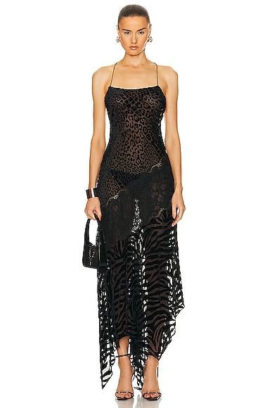 Roberto Cavalli Leopard Velvet Lace Slip Dress In Nero | ModeSens