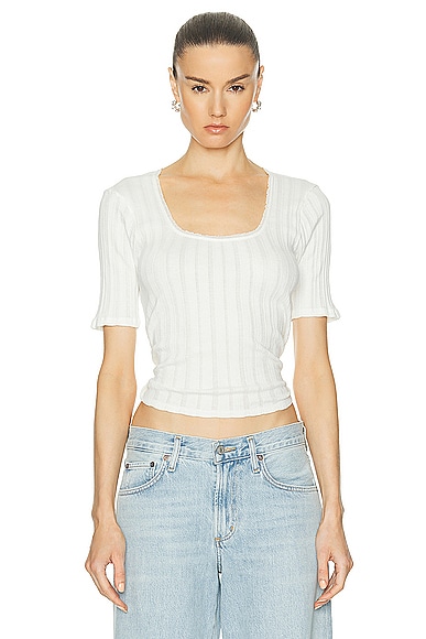 RE/DONE Pointelle Scoop Neck Tee in Vintage White
