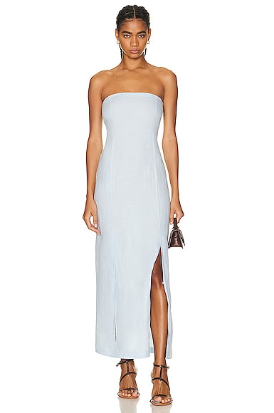 REMAIN Linen Fitted Slit Dress in Ballad Blue